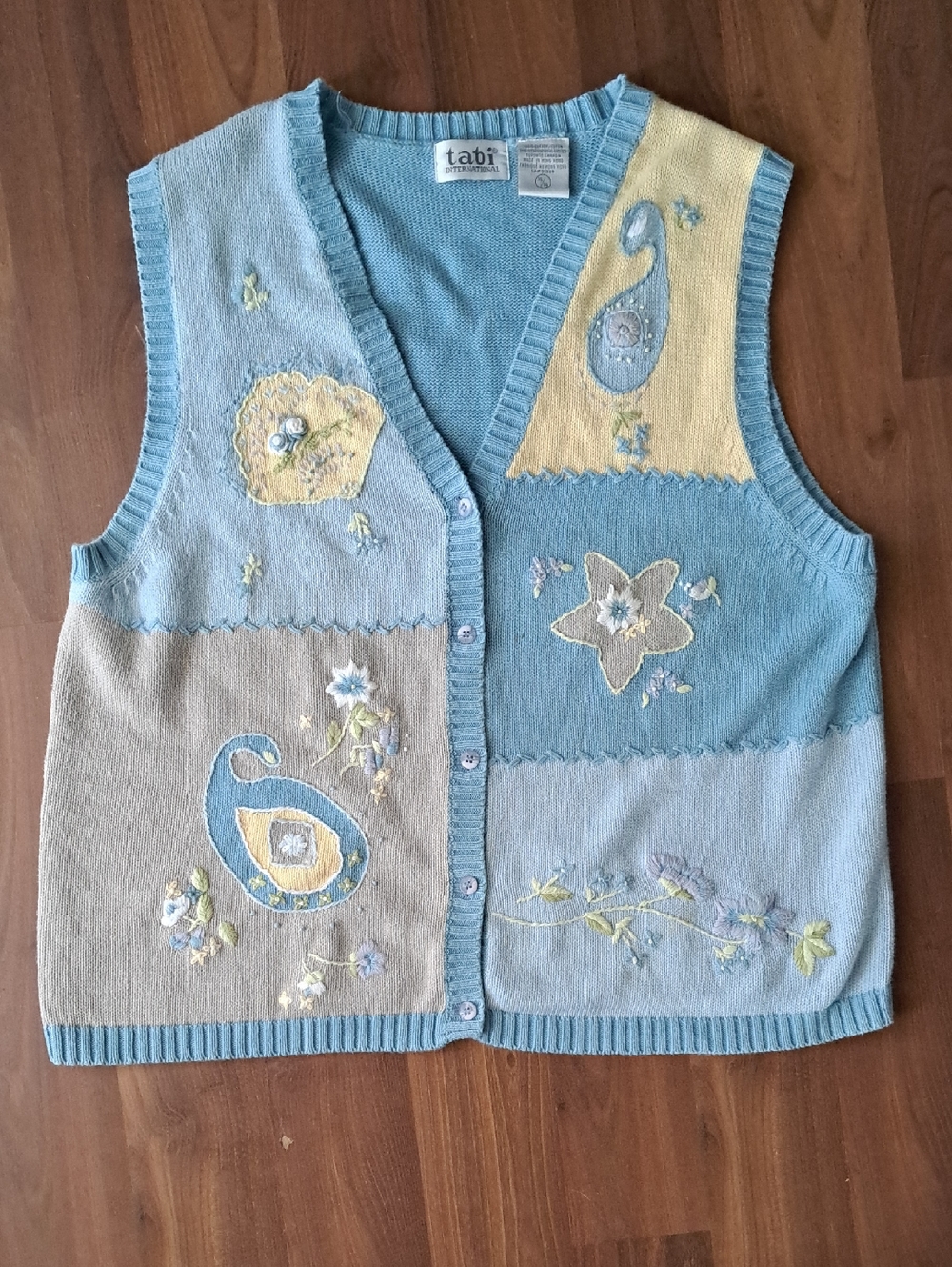 tabi Vintage Blue Multi-Panel Embroidered Knit Vest